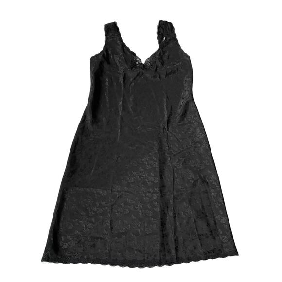 Vintage 1970s Barbizon Slip Dress Midi Lace Trim Floral Vines Black L EUC - Picture 1 of 13